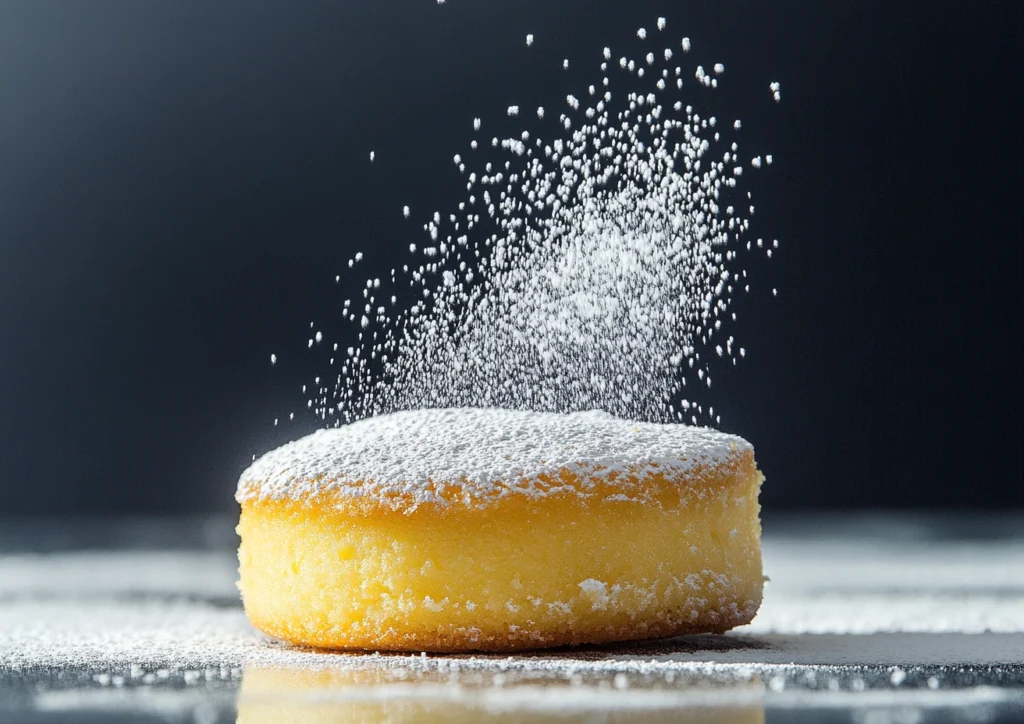A round lemon custard cake, dusted with powdered sugar
