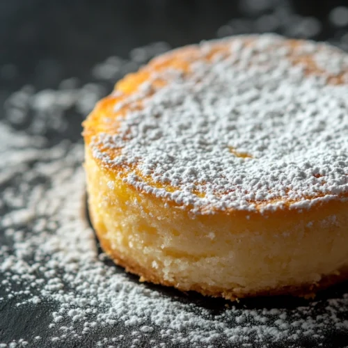 A round lemon custard cake, dusted with powdered sugar