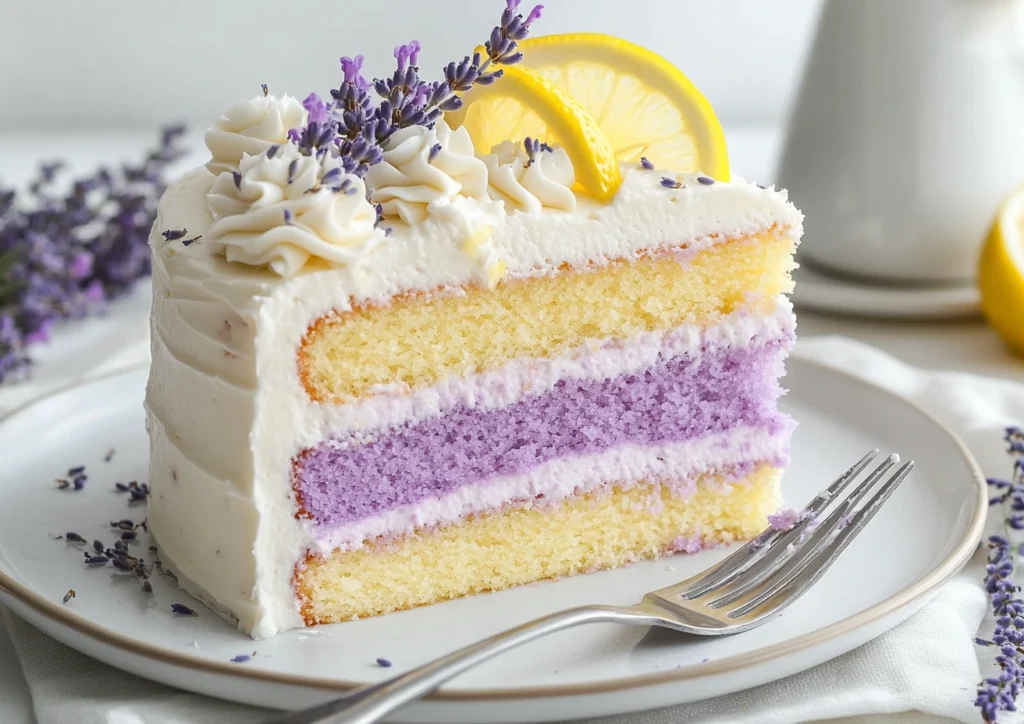 Slice of lemon lavender layer cake with frosting
