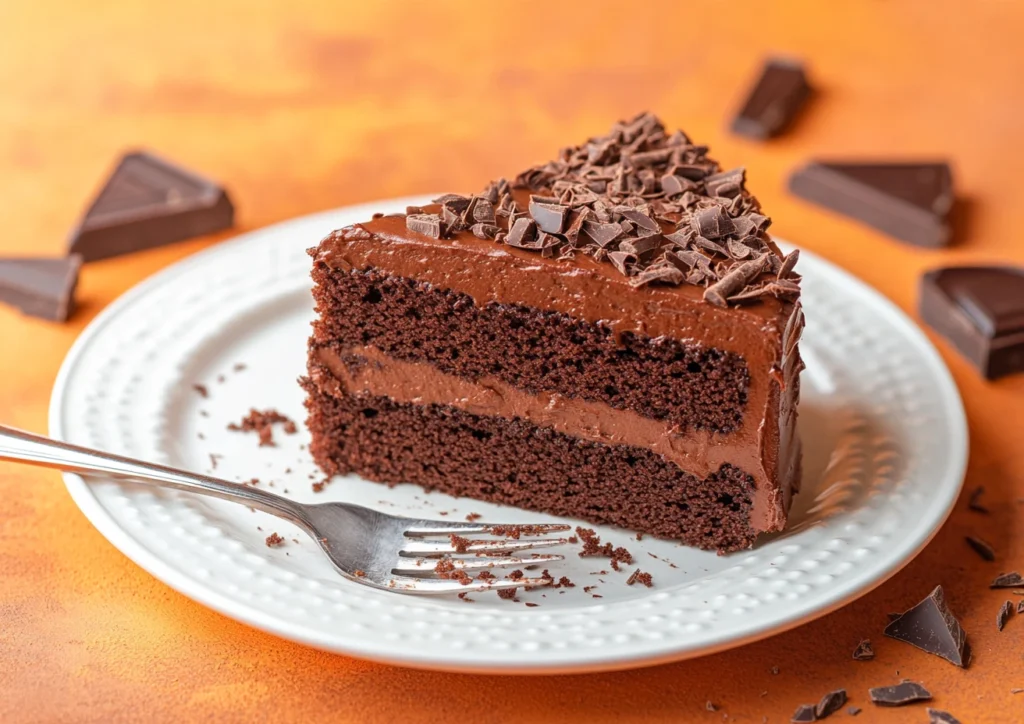 A slice of moist chocolate cake on a white, ridged plate with a silver fork