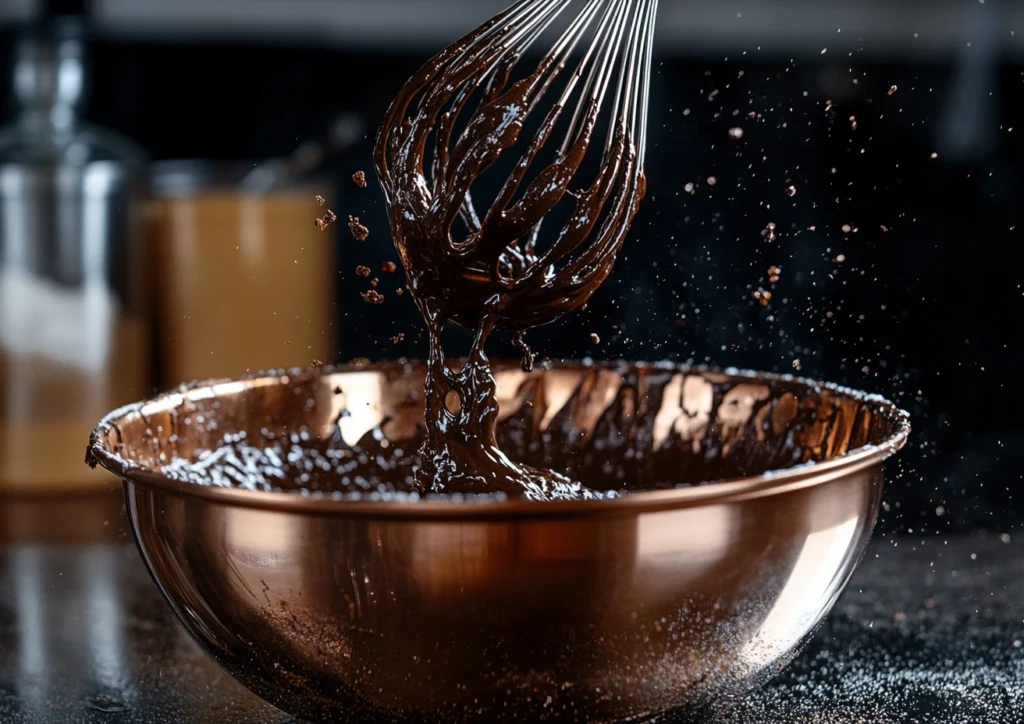 Chocolate cake batter being mixed with a whisk in a copper bowl