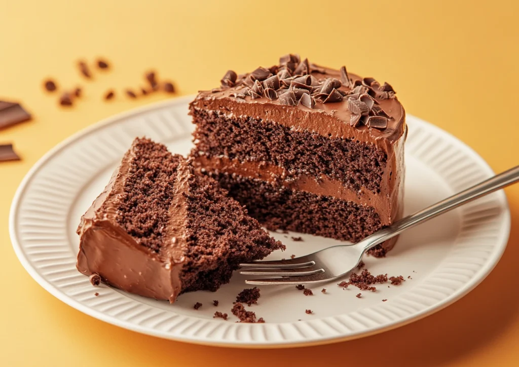 Two slices of moist chocolate cake on a white, ridged plate with a silver fork