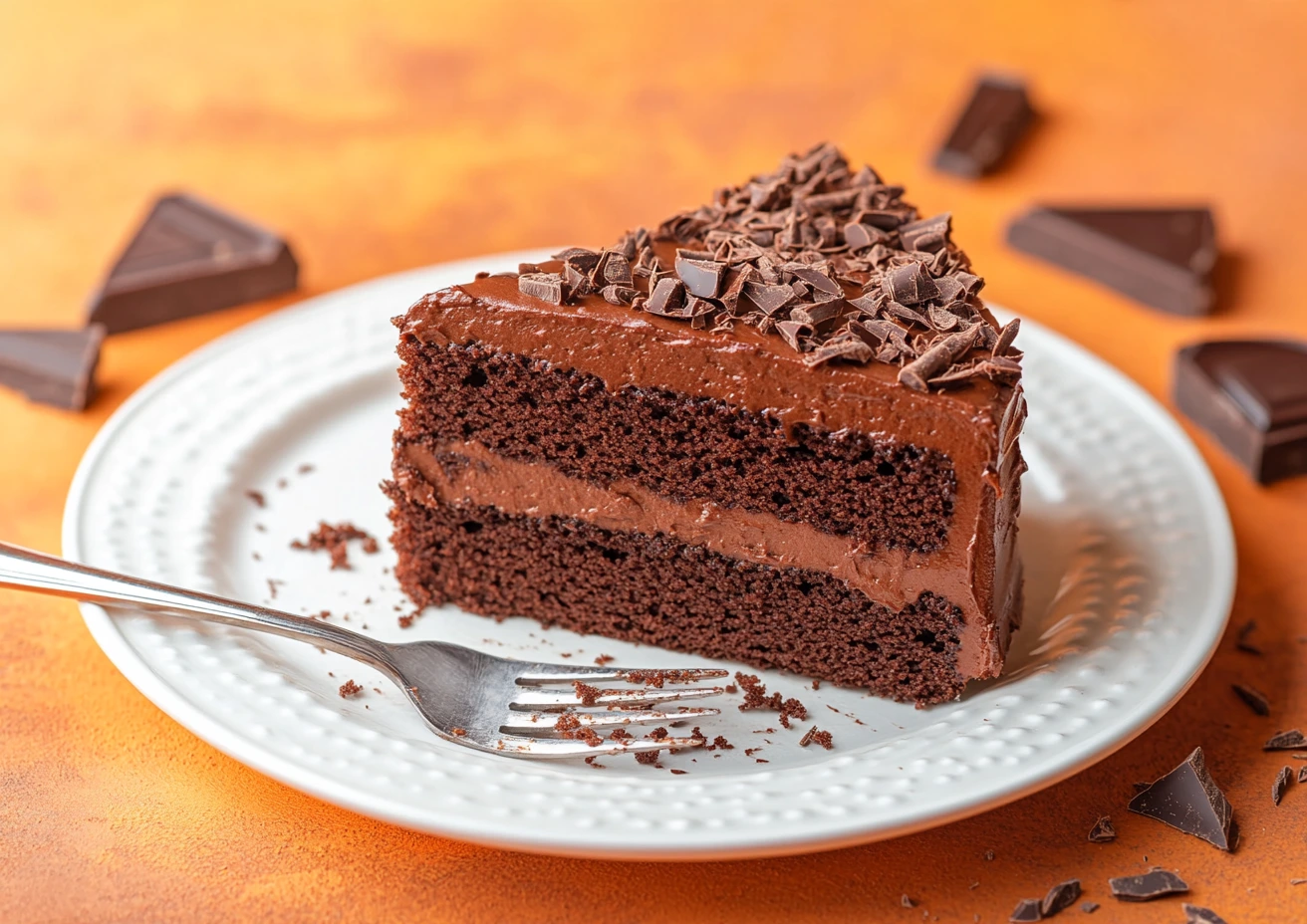 A slice of moist chocolate cake on a white, ridged plate with a silver fork