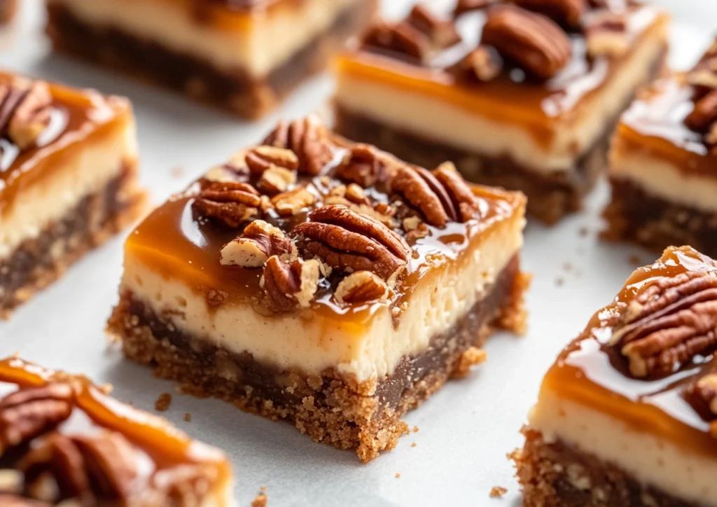 Close-up of a tray of pecan pie cheesecake bars