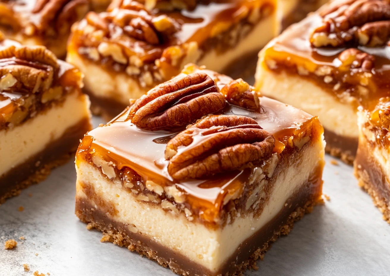 Close-up of a tray of pecan pie cheesecake bars