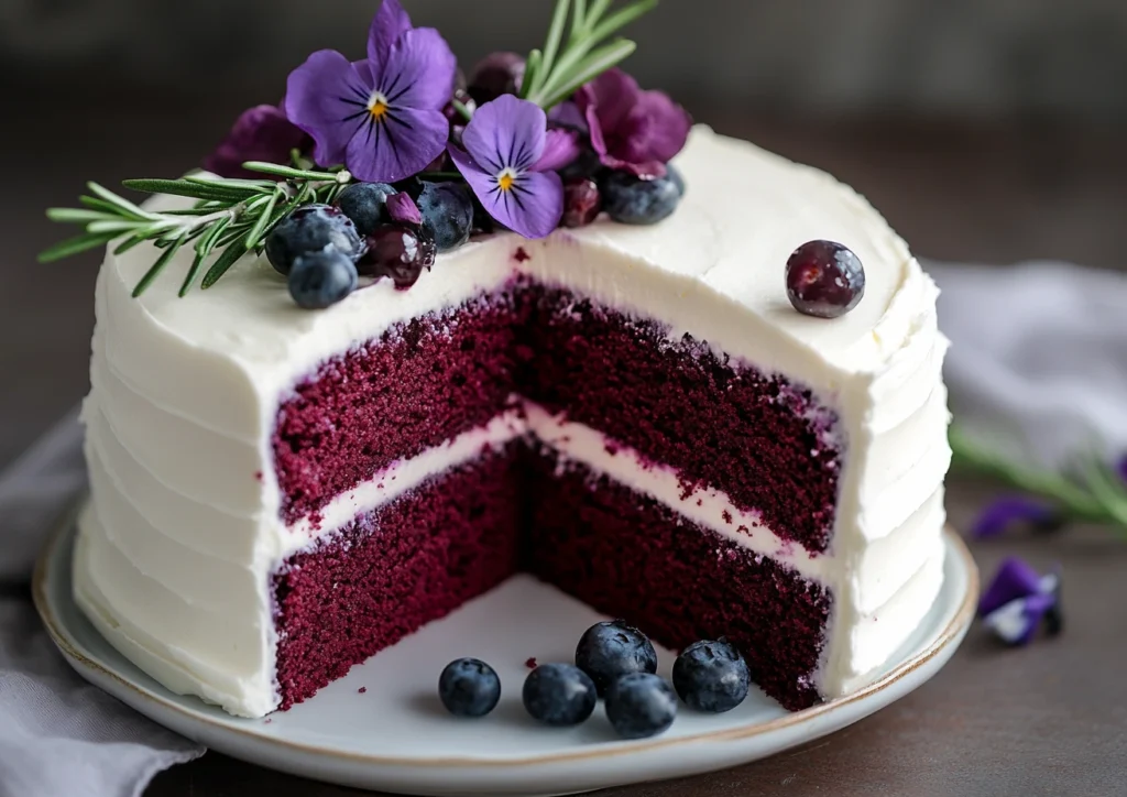 Whole purple velvet cake with white frosting, decorated with purple flowers, berries, and a rosemary sprig