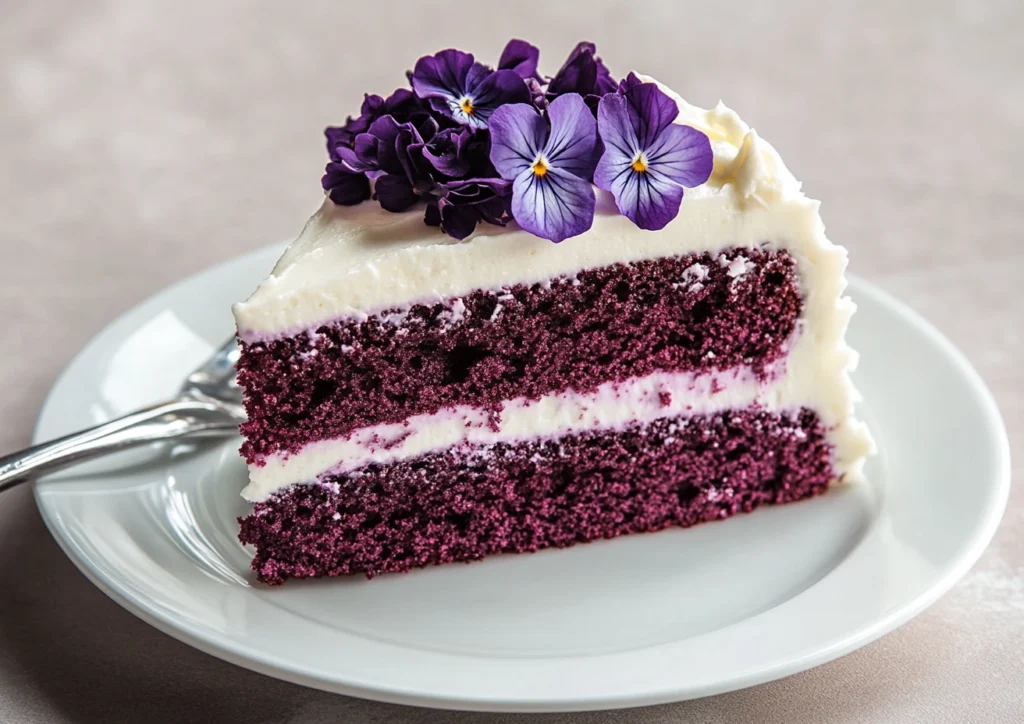 Slice of purple velvet cake with white frosting and purple flower decoration