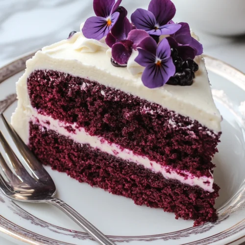 Slice of purple velvet cake with white frosting and purple flower decoration