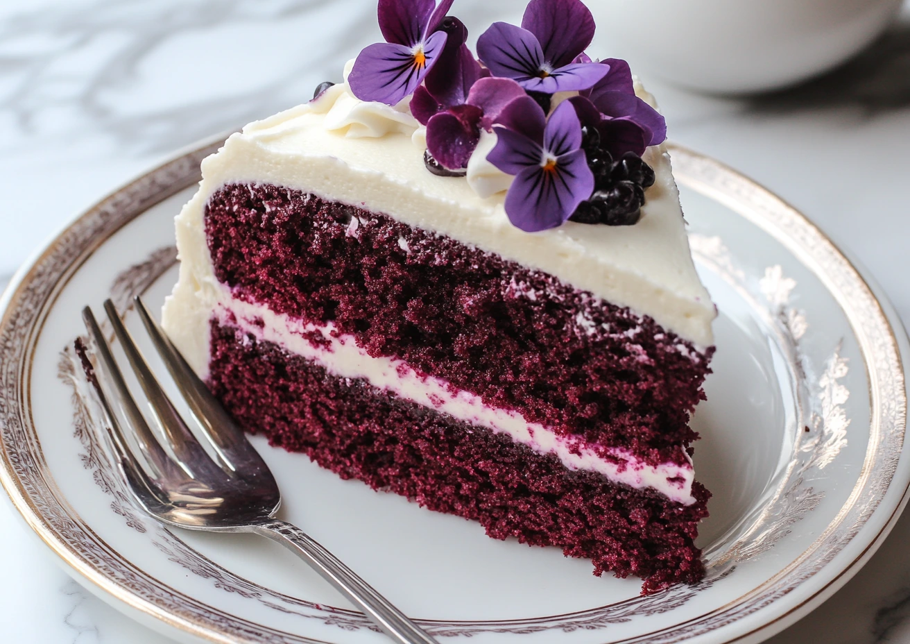 Slice of purple velvet cake with white frosting and purple flower decoration