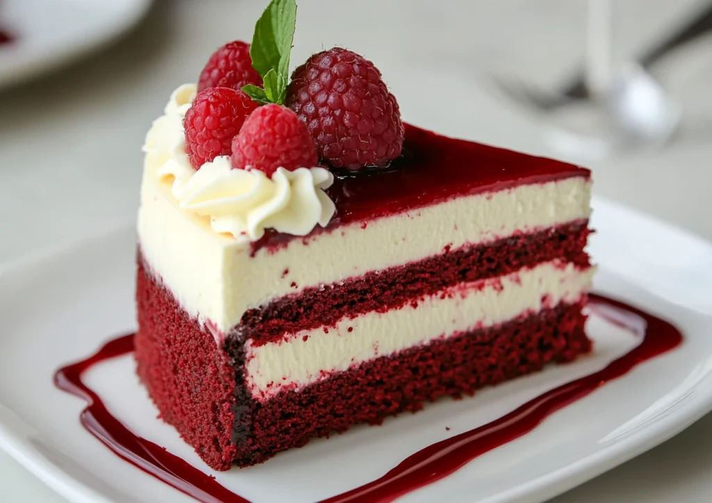 Close-up slice of Red Velvet Cheesecake with raspberry drizzle