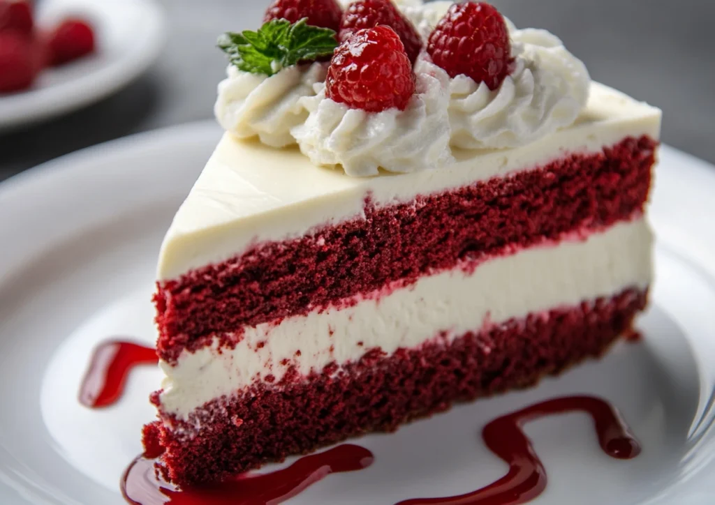 Close-up slice of Red Velvet Cheesecake