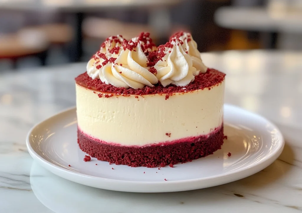 Whole Red Velvet Cheesecake on a plate with frosting