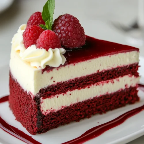 Close-up slice of Red Velvet Cheesecake with raspberry drizzle