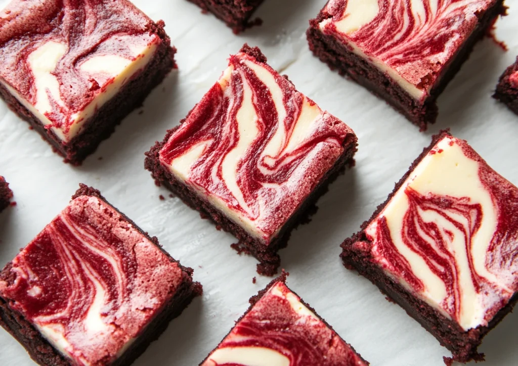 Red velvet cheesecake brownies with a swirled topping