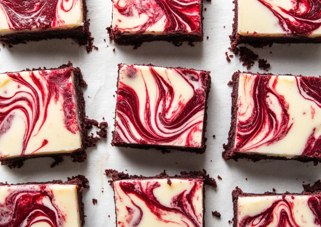 Red velvet cheesecake brownies with a swirled topping