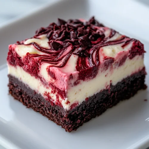 Red velvet cheesecake brownie slice on a white plate