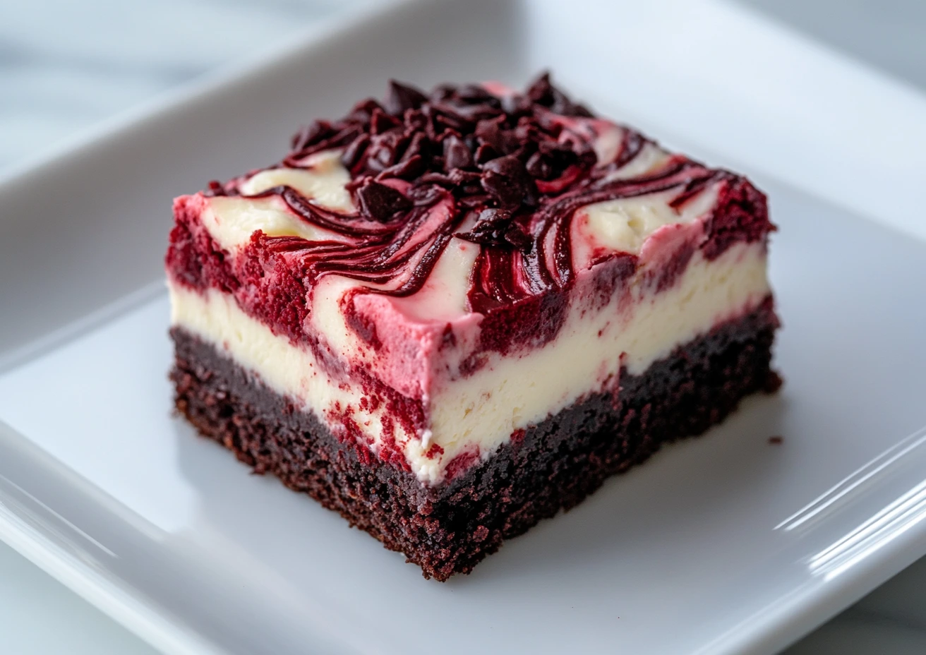 Red velvet cheesecake brownie slice on a white plate