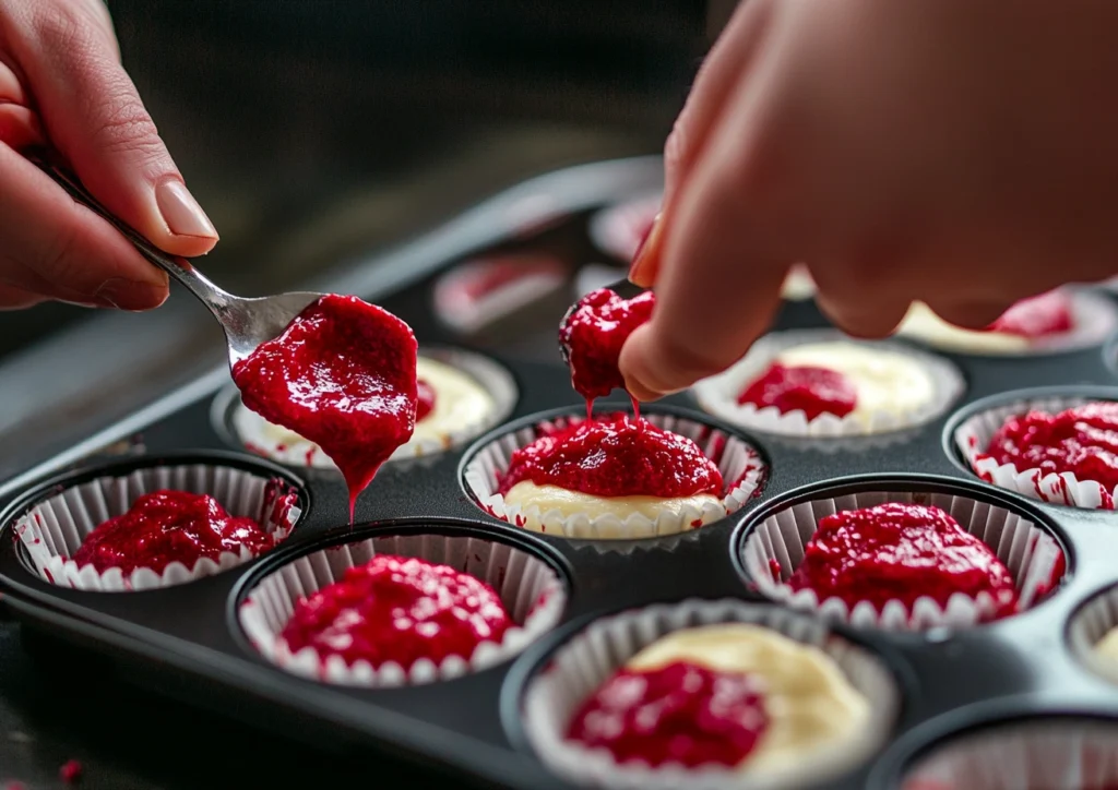 Spoonfuls of cheesecake filling being dropped into red velvet batter in cupcake liners