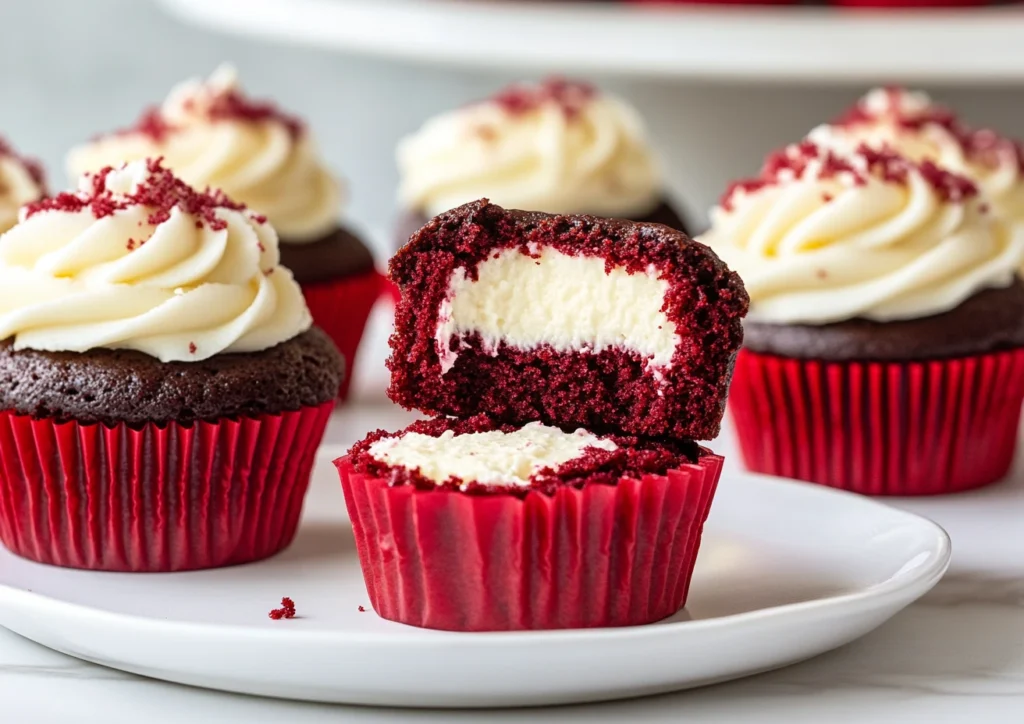 Close-up of a halved red velvet cheesecake cupcakes