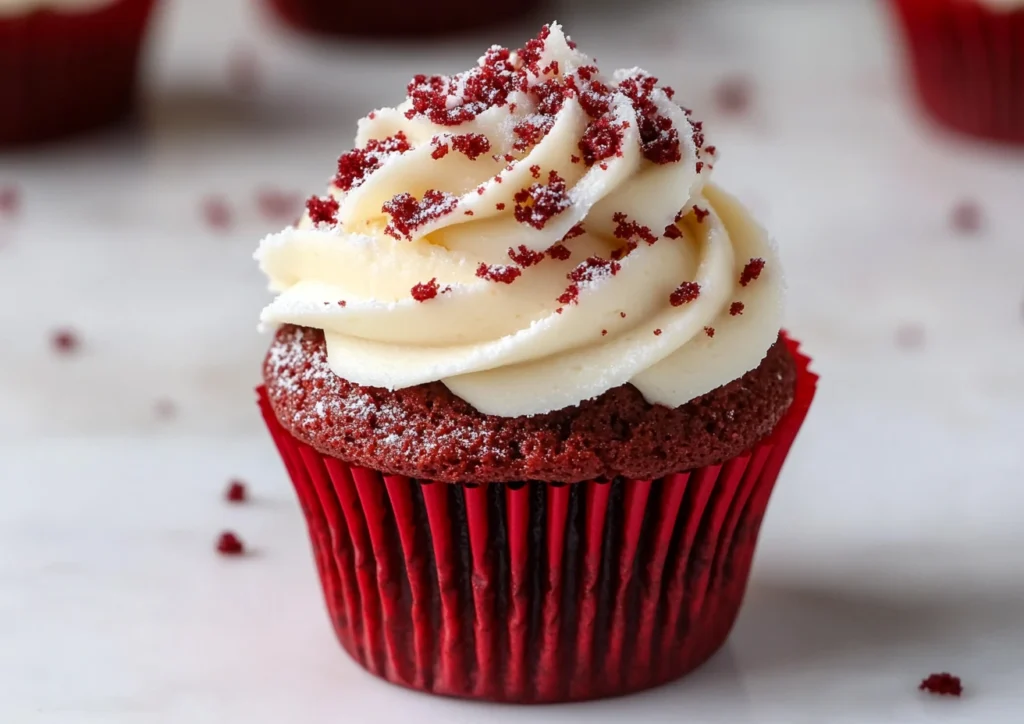 Red velvet cupcake with cream cheese frosting and red velvet crumbs
