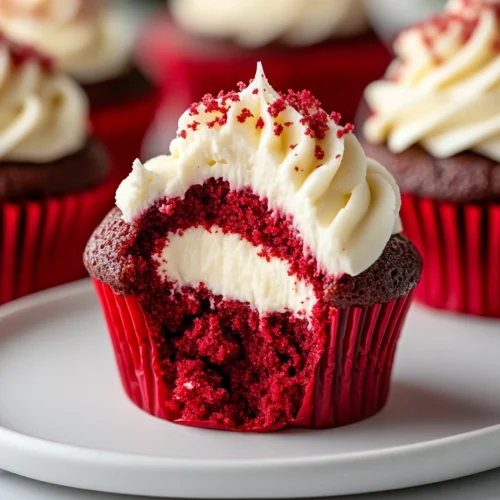 Close-up of a halved red velvet cheesecake cupcake with cream cheese frosting