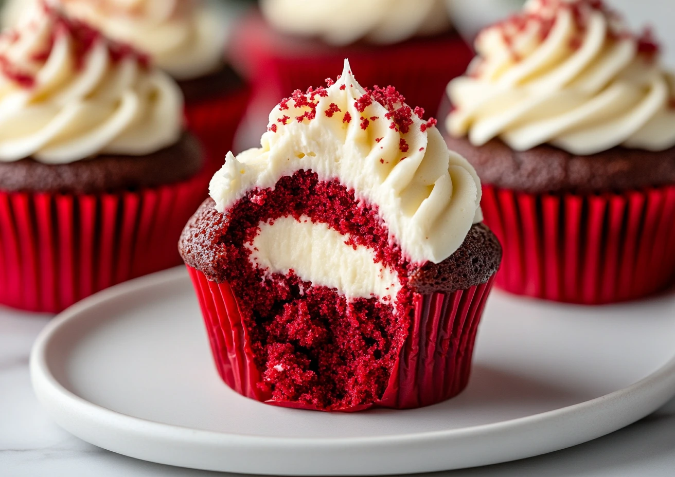Close-up of a halved red velvet cheesecake cupcake with cream cheese frosting