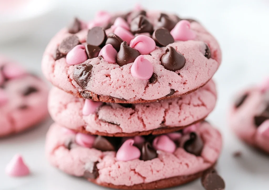 Stack of three pink strawberry chocolate chip cookies
