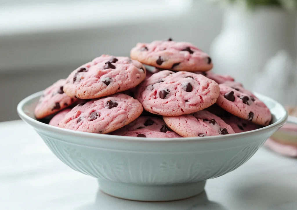 Bowl of pink strawberry chocolate chip cookies