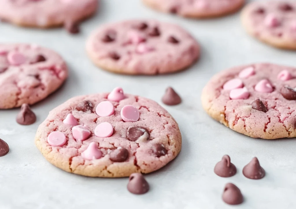 Scattered pink strawberry chocolate chip cookies on a light grey surface