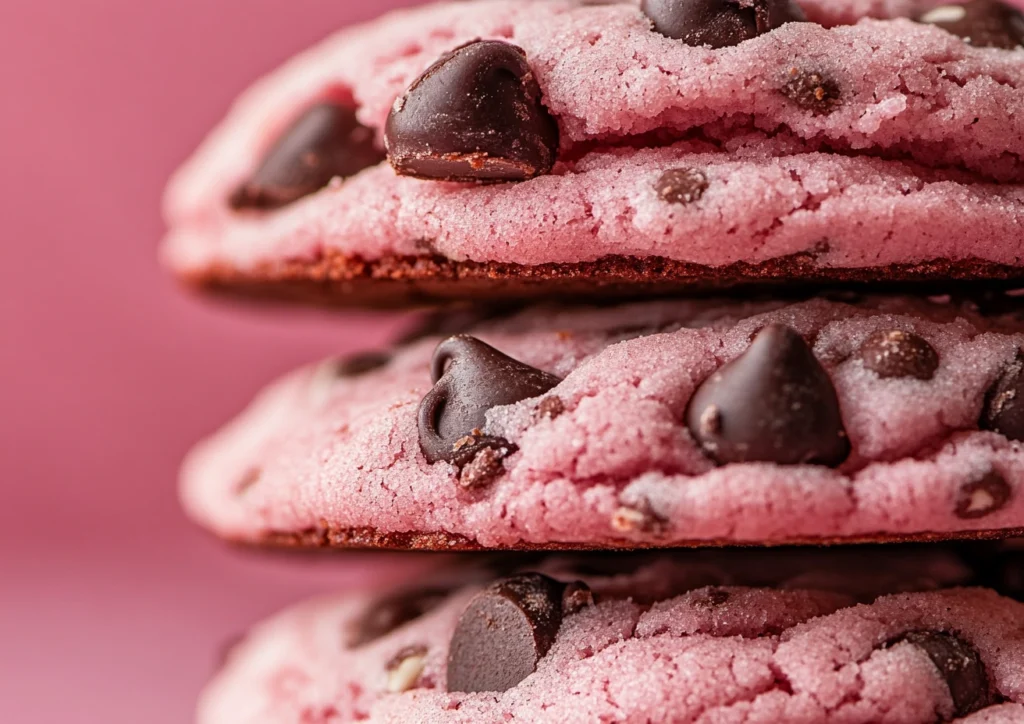 Close up of three pink strawberry chocolate chip cookies
