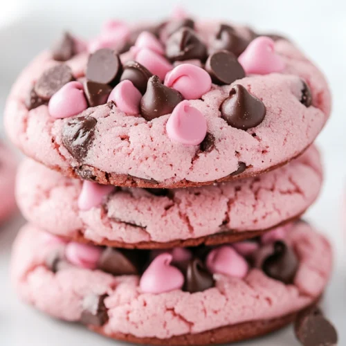 Stack of three pink strawberry chocolate chip cookies