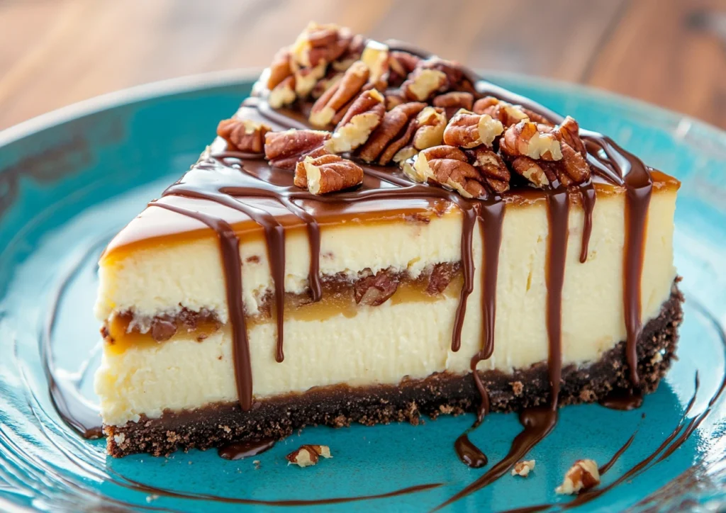 Slice of Turtle Cheesecake with caramel and chocolate drizzle