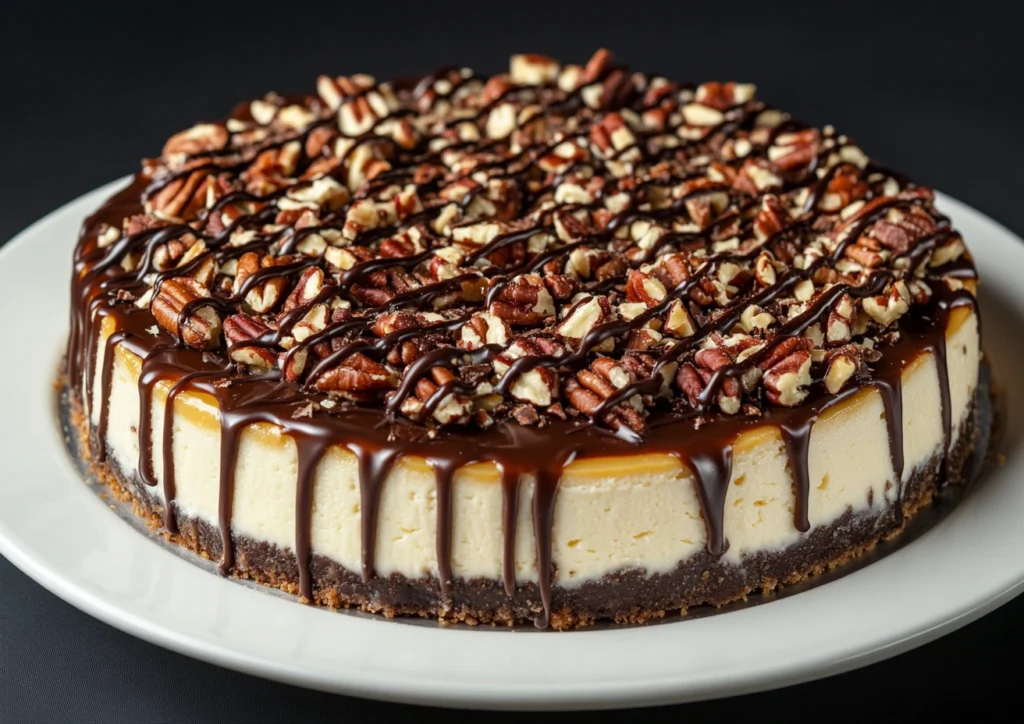 Whole Turtle Cheesecake with caramel and chocolate drizzle and chopped pecans