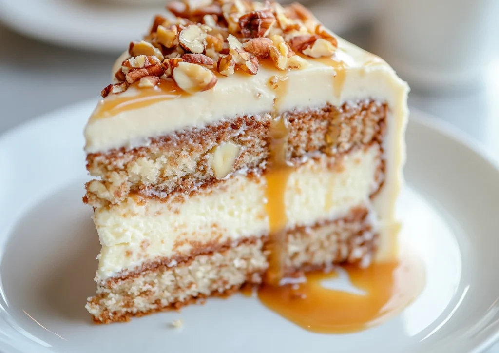 White German chocolate cheesecake slice with nuts and caramel drizzle