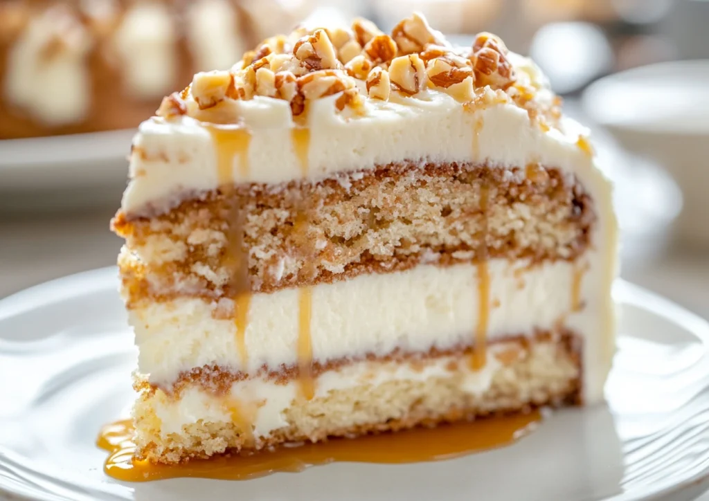 White German chocolate cheesecake slice with nuts and caramel drizzle