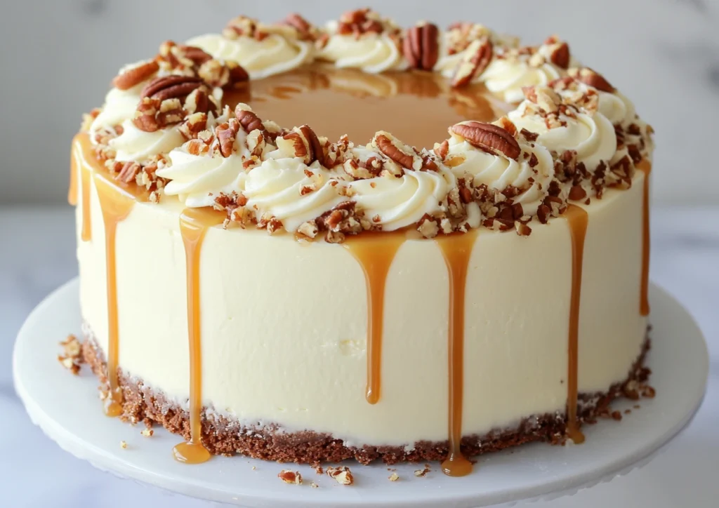 White German chocolate cheesecake with nuts and caramel drizzle