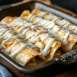 Apple Pie Enchiladas in a dish with powdered sugar