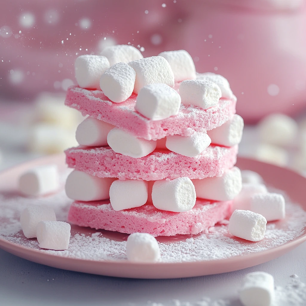 Stack of pink bubblegum cloud slices topped with white marshmallows