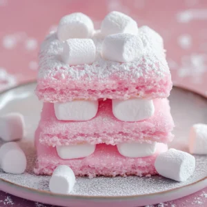 Stack of pink bubblegum cloud slices topped with white marshmallows