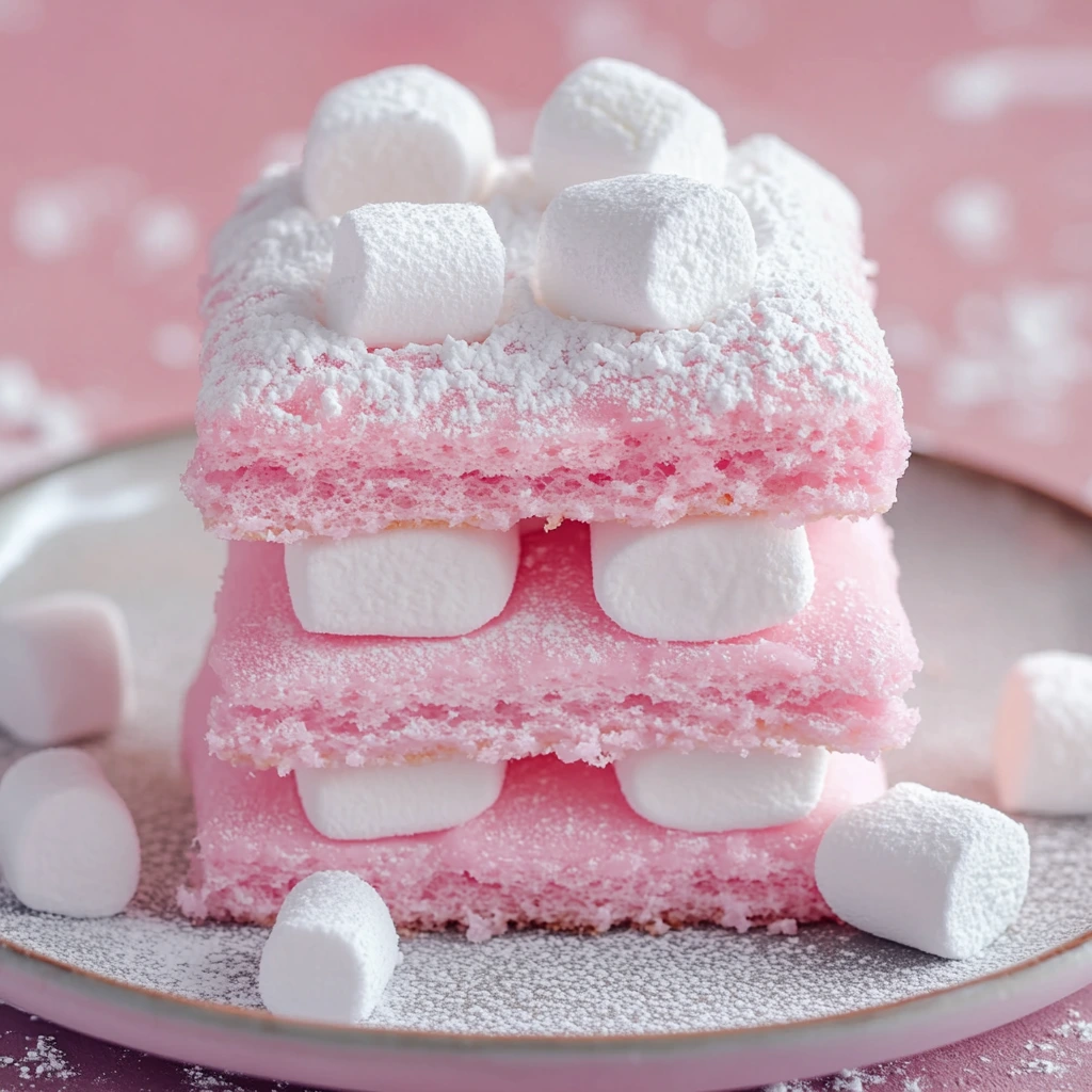 Stack of pink bubblegum cloud slices topped with white marshmallows