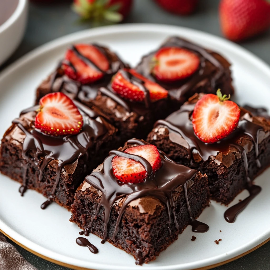 Chocolate Covered Strawberry Brownies on a white plate