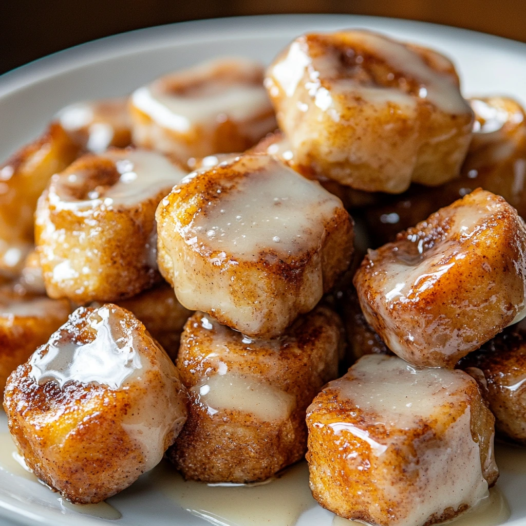 Close-up of Cinnamon Roll French Toast Bites on a white plate