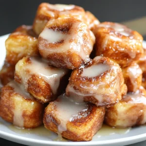 Close-up of Cinnamon Roll French Toast Bites on a white plate