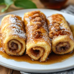Glossy cinnamon roll French toast roll-ups with powdered sugar