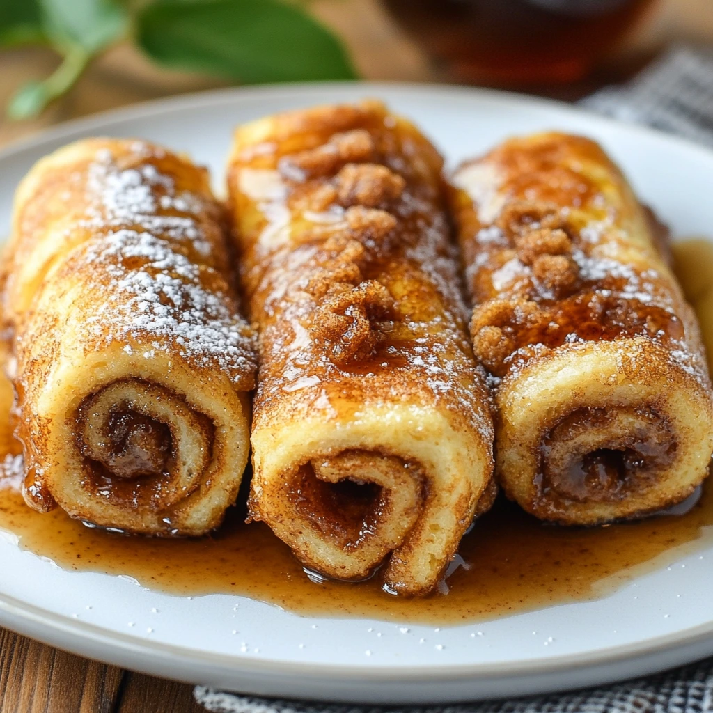 Glossy cinnamon roll French toast roll-ups with powdered sugar