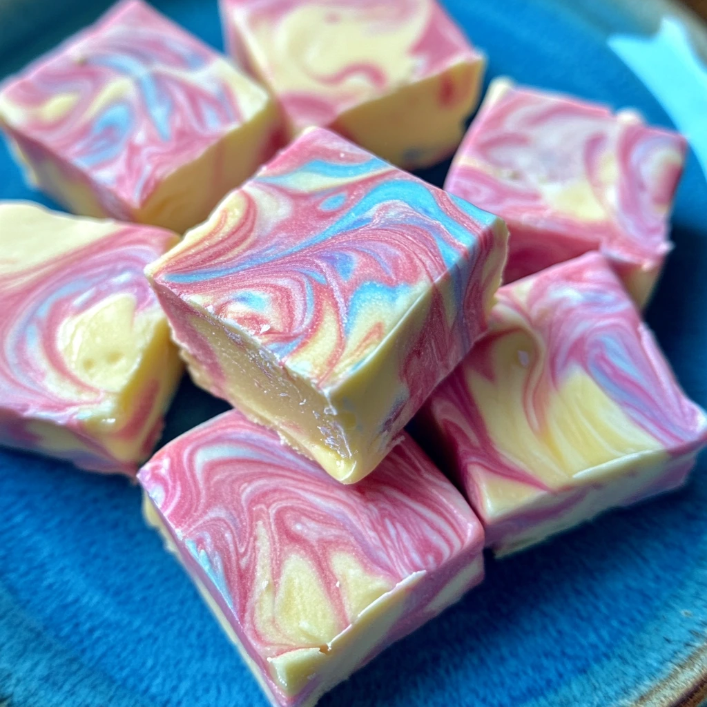 Stack of pink, blue, and white cotton candy fudge squares
