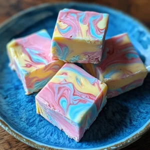 Stack of pink, blue, and white cotton candy fudge squares