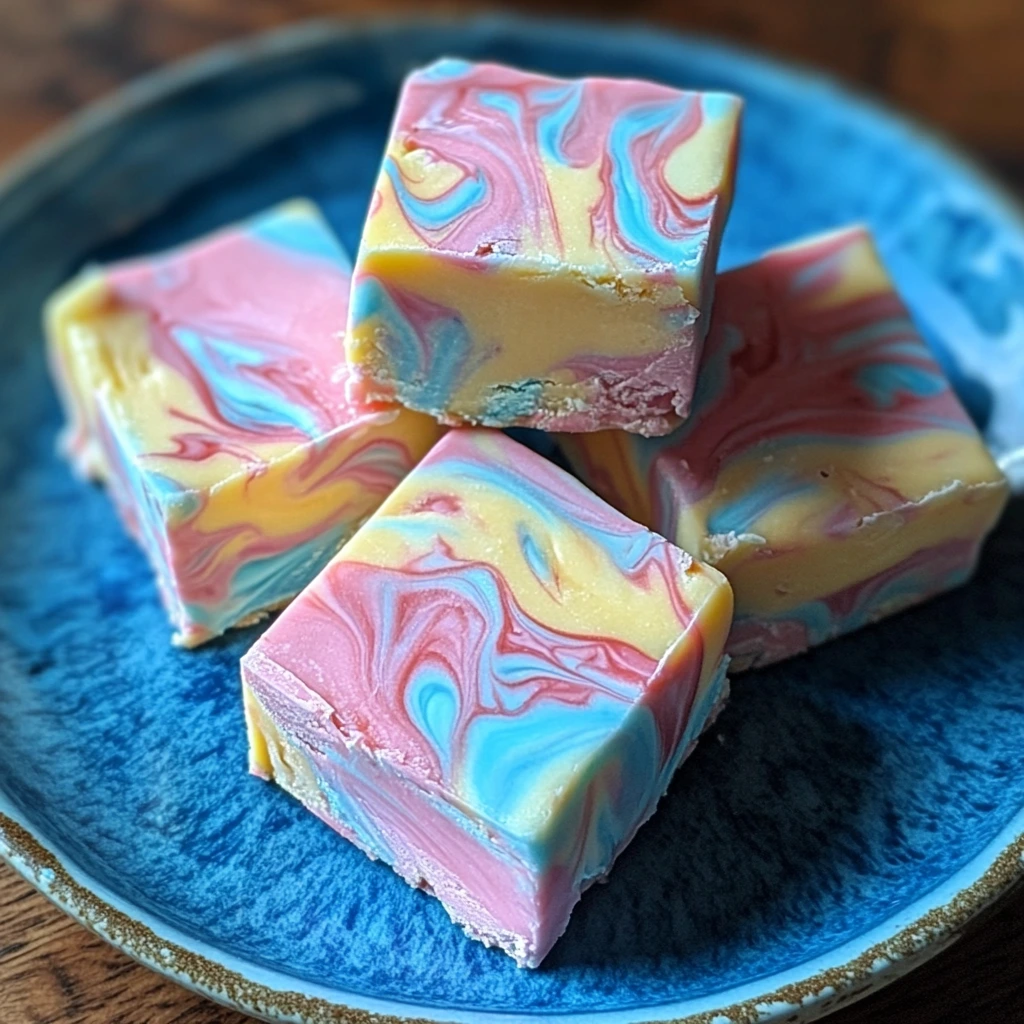 Stack of pink, blue, and white cotton candy fudge squares