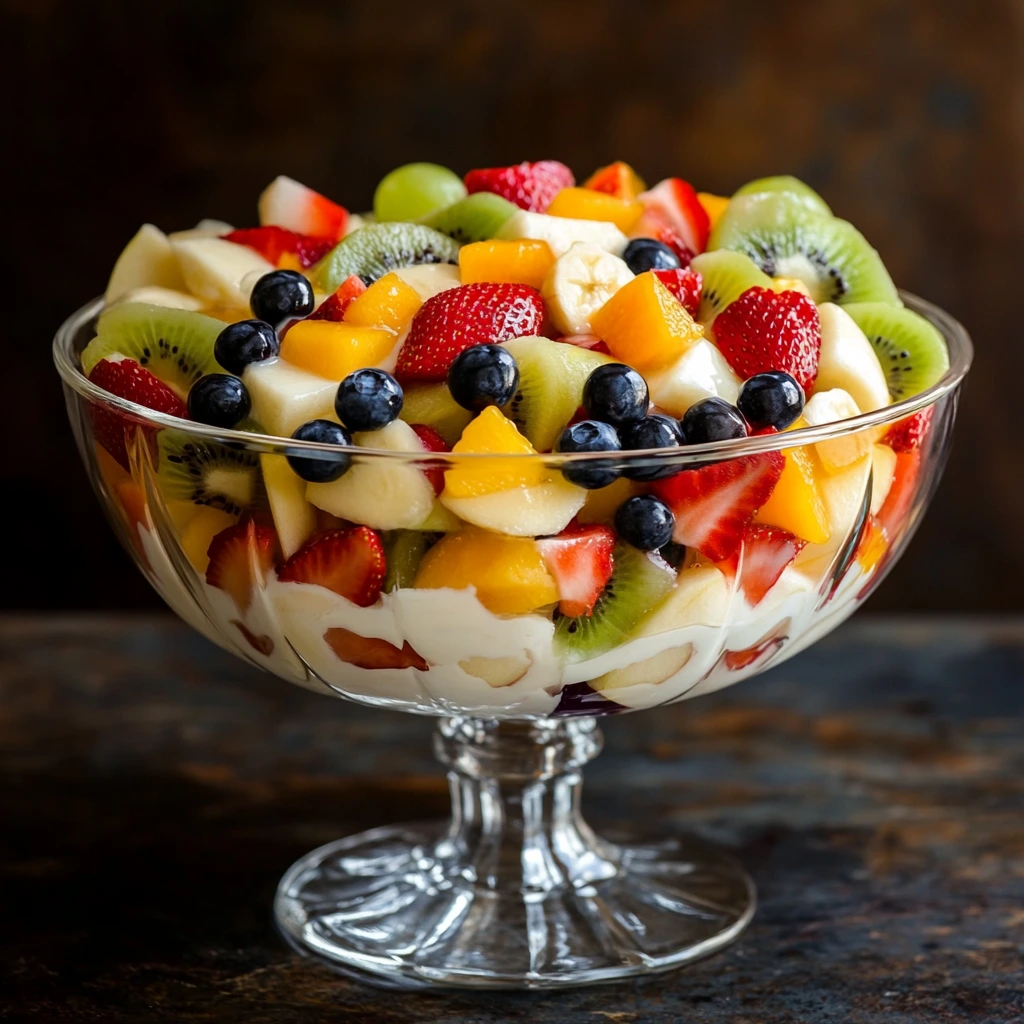 A glass bowl filled with Fruit Salad with Condensed Milk