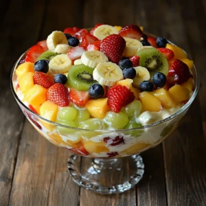 A glass bowl filled with Fruit Salad with Condensed Milk